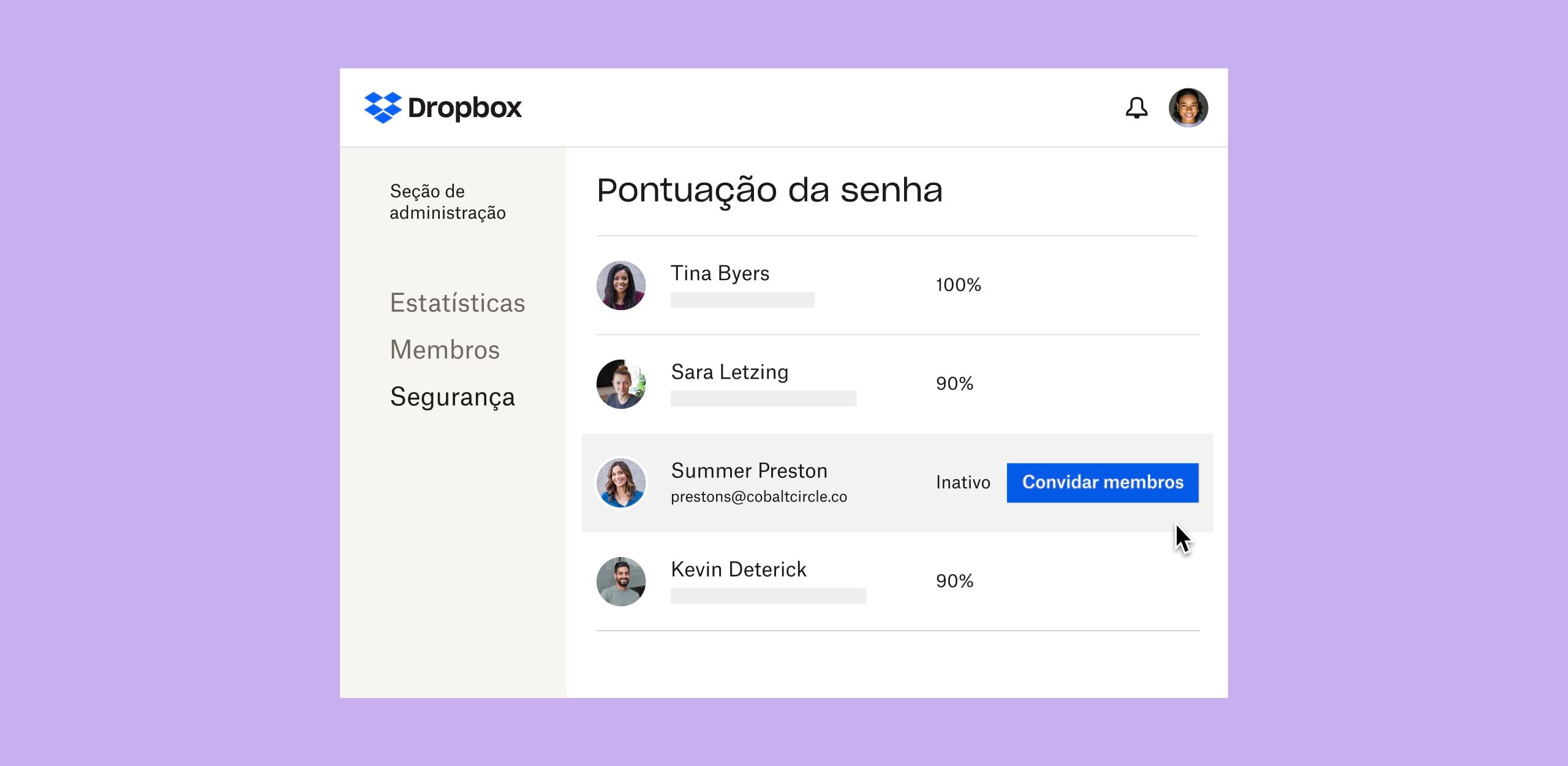 Uma interface do Dropbox mostrando as pontuações de senha de usuários individuais e um botão azul rotulado "convidar membro" do lado de um perfil de usuário inativo